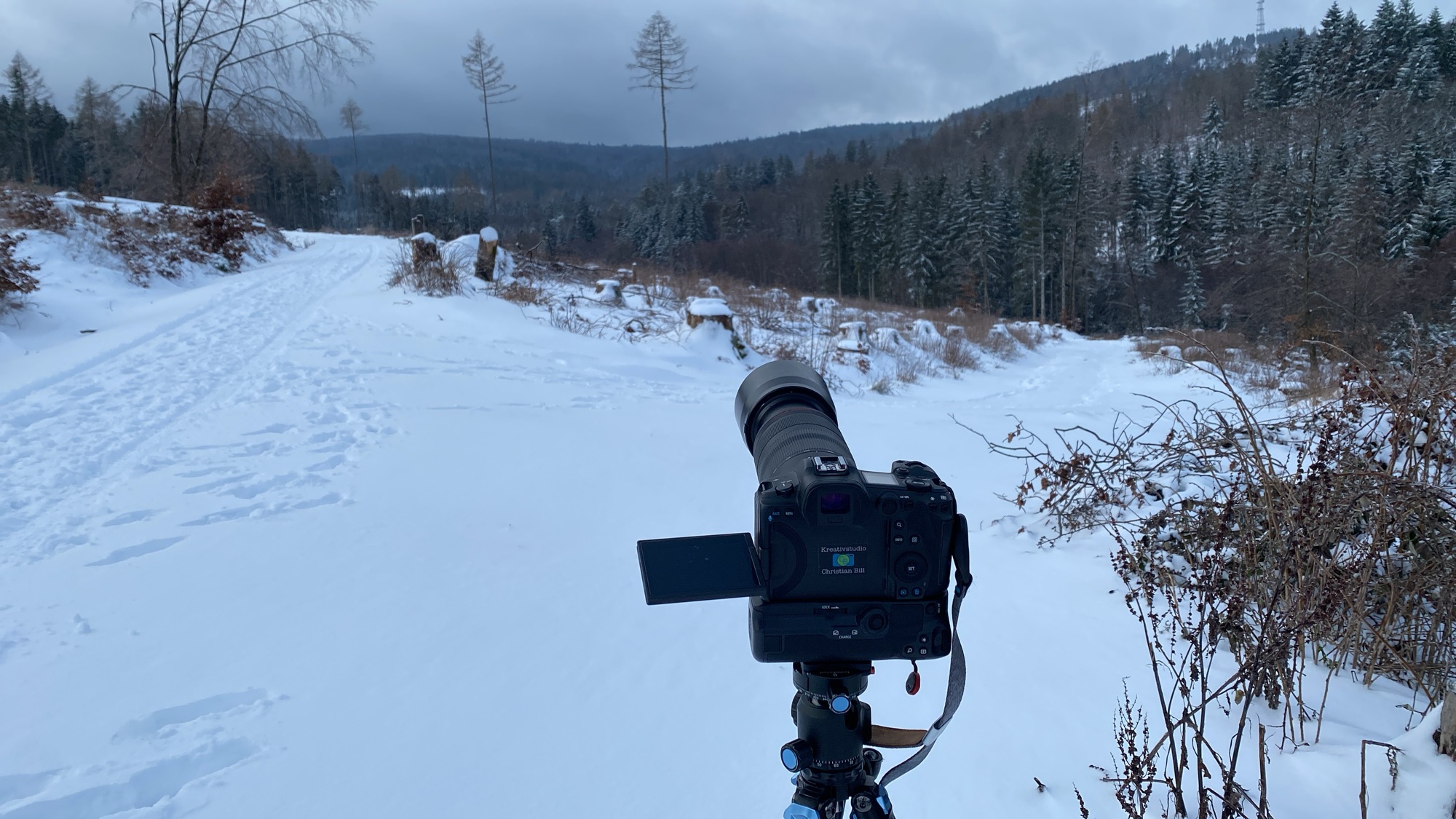 Kamera Canon R5 auf Stativ K&F-Conzept beim Fotografieren eines einzelnen Baumes in Schneelandschaft
